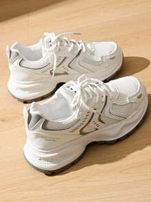 Women's Spring Autumn New Sports Chunky Sneakers, Mesh Breathable Platform Low Vamp Wedge Heel Casual Shoes, Lightweight Versatile Fashion Casual Lace-Up White Grey Sneakers - White - View 8