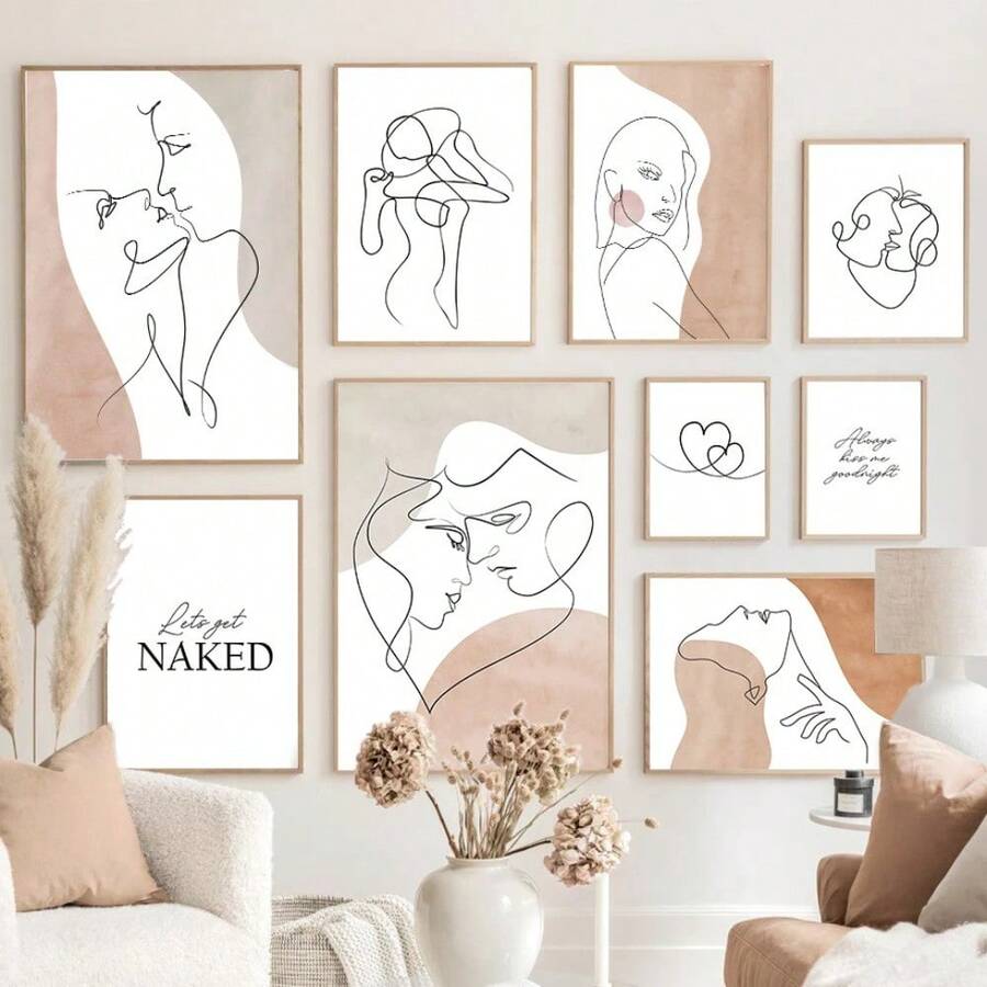 1pc Heart Hands Line Girl Boy Abstract Nordic Posters Wall Art Canvas Painting Pictures For Living Room Decoration Optional Frame ,Wall Art With Frame - Multicolor - View 1