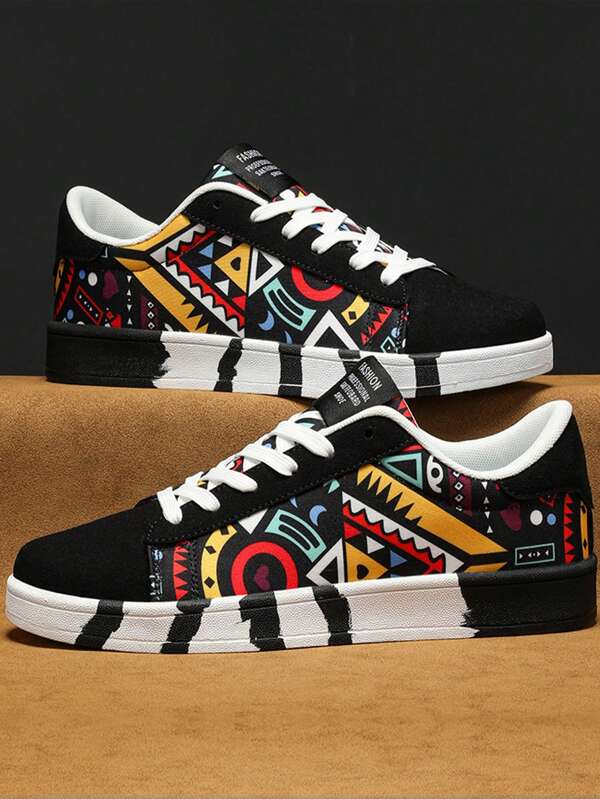 Geometric Pattern Lace-Up Canvas Sneakers For Men, Fashionable Couple's Full Print Graffiti Skateboard Shoes