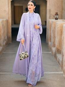 BEAUTY AMINAH [薰衣草色两件套] 阿拉伯风格串珠刺绣长袍开衫 + 挂脖长袍 - 优雅正式派对节日长袍，迷人女装 - 淡紫色 - 查看 6