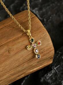1 pieza de collar de hombre estilo vintage de acero inoxidable chapado en oro de 18k con colgante precioso de Jesucristo crucificado con circonita, collar de acero inoxidable chapado en oro estilo hip-hop europeo y americano con cruz dorada
