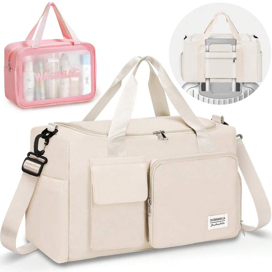Sport Gym Bag For Women Men, Pink Travel Bags,With Independent Shoe Compartmentand Toiletry Pouch,Super Capacity, Suitable For Business,Travel,Hospital,Overnight,Weekend ,Duffel,Carry On Bag Etc(White) - Màu be - Xem 1