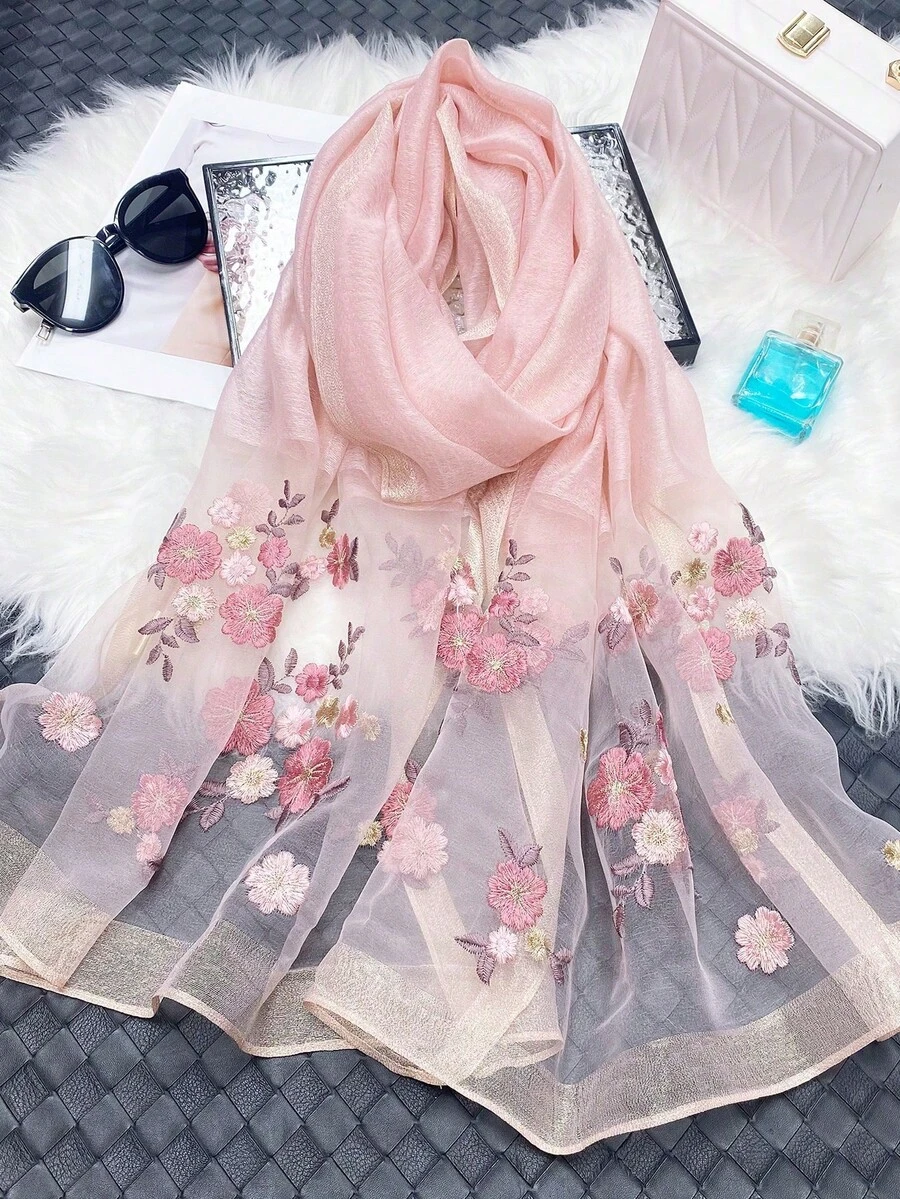 1pc Women's Pink Floral Gold Thread Embroidered Mulberry Silk & Wool Blend Shawl Scarf, Elegant & Charming, Suitable For Autumn/Winter, Mothers' Gift, Party, Summer Travel UV Protection - Pink - View 1