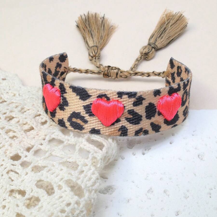 1 buc. Brățară împletită cu imprimeu de leopard, lucrată manual, cu broderie 3D cu inimă, mărime reglabilă, la modă pentru femei, potrivită pentru festivaluri, petreceri, călătorii și purtare de zi cu zi