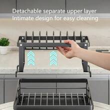 Double-Layer Dish Drying Rack - 1pc Kitchen Sink Dish Drainer With Detachable Bowl Rack, Multifunctional Storage And Drainage, Sink Countertop Cup Holder Black - Black - View 8