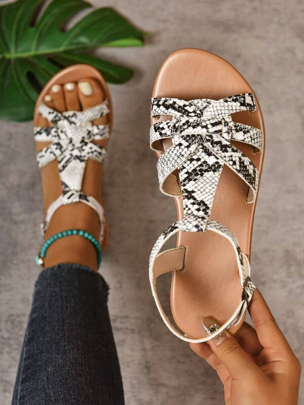 Böhmische neue Sommer Schlangendruck Bequeme modische Lässig High-End sexy Schnallen Sandalen für Strand, Zuhause, Outdoor, Reisen, weiche Sohle flache römische Sandalen für Frauen