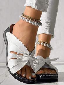 New Arrival Women's Classic Fashionable Simple Bowknot Wedge Sandals With Thick Soles, Comfort Outdoor Slide Sandals, Sandals Suitable For Beach Vacations By The Sea