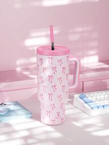 40盎司带手柄吸管保温杯，真空保温水瓶，带吸管盖，不锈钢保温旅行杯，100%防漏，保冷34小时（粉色蝴蝶结） - 粉色 - 查看 6