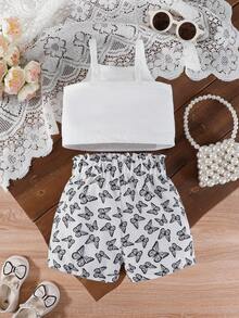 两件套女婴可爱蝴蝶印花上衣和蝴蝶印花短裤休闲套装，适合日常、通勤、海滩度假、户外活动