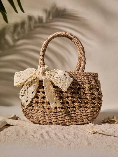 Tropiscape Fashionable Casual Bowknot Decorated Simple Versatile Straw Tote Bag, Suitable For Vacation, Travel, Beach, Shopping, Shoulder Bag Beach Autumn Winter Gifts