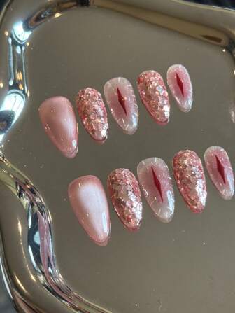 10pcs Handmade Colorful Cat Eye Fake Nail Stickers, Detachable, Suitable For Wedding, Party, Gathering, Evening Banquet, Birthday, Christmas, Holiday Atmosphere