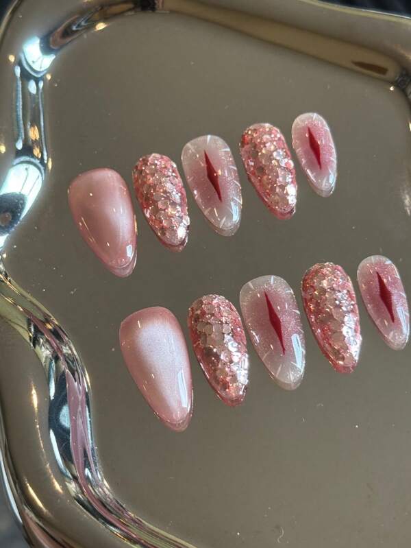 10pcs Handmade Colorful Cat Eye Fake Nail Stickers, Detachable, Suitable For Wedding, Party, Gathering, Evening Banquet, Birthday, Christmas, Holiday Atmosphere