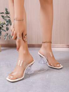 透明水晶女士夏季新款方头不对称高跟性感百搭米色、杏色、绿色透明PVC绑带派对高跟凉鞋