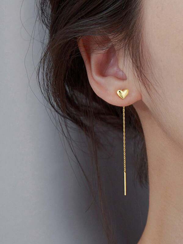 2pcs Fashionable Minimalist Delicate Heart Shaped Ear Chain Earrings, For Younger Girls (No Gift Box) - Silver/Gold Tone Available, Simple & Elegant Heart Ear Chain Design, Stylish Niche Earrings With High-End Look