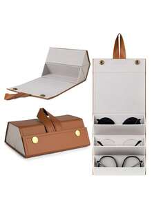 3 槽旅行眼镜盒，可折叠悬挂眼镜太阳镜收纳架收纳盒，PU 皮革眼镜架 - 棕色 - 查看 10