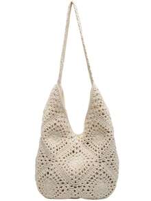 女士手工钩编单肩托特包，向日葵风格编织设计，大容量柔软托特包，时尚优雅，适合旅行 - 白色 - 查看 14