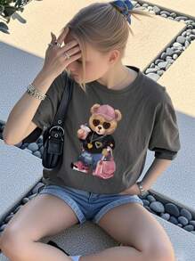 قميص تي شيرت أنيق مطبوع بياقة مستديرة بأكمام قصيرة للفتيات المراهقات، مصمم للطلاب في فصل الصيف والأطفال الصغار، تي شيرت به طبعات من الحقائب والدبدوب يحفز الخيال والتعبير عن الذات! ملابس أطفال للفتيات، تيشرتات مطبوعة للصيف ملابس المراهقات