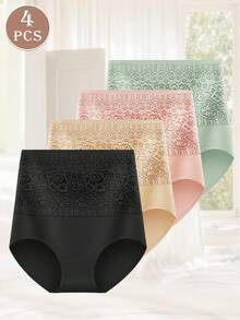 4pcs Women Underwear, Floral Lace High Waist Tummy Control Butt Lifting Shapewear With Waist - Nhiều màu - Xem 3