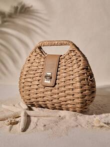 Tropiscape 时尚简约编织贝壳手提包，女士便携旋扣单肩斜挎包，适合度假旅行，藤编包，沙滩秋季圣诞节冬季圣诞礼物