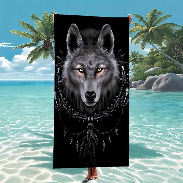 1 pieza Toalla de playa con estampado de atrapasueños de lobo, estilo moderno, fibra ultrafina, muy absorbente, 55 pulgadas, toalla de baño de verano multiusos para yoga, natación, fitness, campamento, decoración de baño, artículos esenciales de viaje y accesorios de playa
