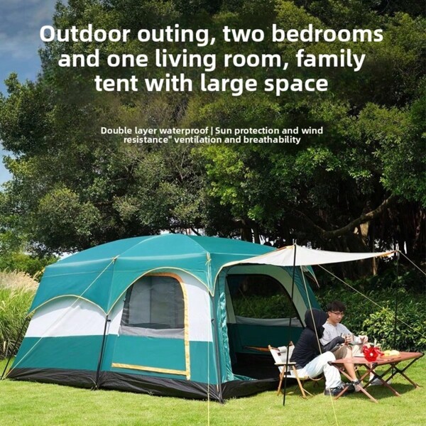 2 Zimmer 1 Flur tragbares dickes Camping Zelt, tragbare faltbare Camping Ausrüstung für Park, Picknick, Camping, mit vorderer Sonnenblende, wasserdicht, belüftet, großes Camping/Strand Zelt, Grundausstattung für Wandern und Reisen
