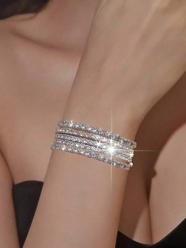 1pc Fashionable Luxury Full-Rhinestone Elastic Bracelet, Suitable For Women To Wear Casually At Festivals And Parties
