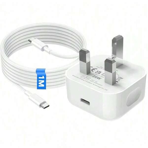 20W PD Fast Charger UK Plug Power Adapter + 3.3ft/100cm High Efficiency Data Transfer Fast Charging Cable Compatible With IPhone 16 Series, S25/S24/S23/S22/S21 Ultra Plus, Suitable For Travel, Office, Dorm, And Home
