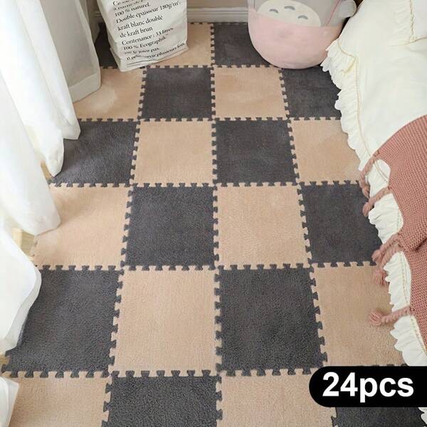 12/24/48pcs Interlocking Plush Foam Mats - Soft, Washable, Anti-Slip, And Anti-Fall Puzzle Floor Tiles For Indoor Use - Machine Made, Low Pile, Braided, And Patchwork Design With Plaid Pattern