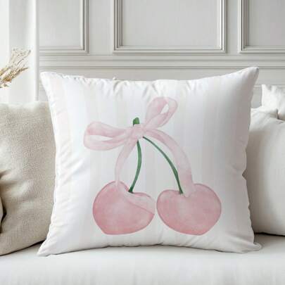 1pc Pink Cherry Blossom Bow Pillow Cover, Single-Sided Print Soft Peach Velvet Material, 45*45CM Cushion Cover Suitable For Indoor Decoration, Party Decoration, Decorative Pillow Gift