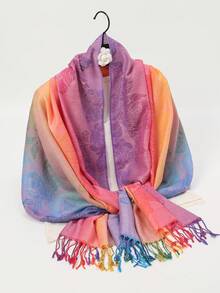 1pc Rainbow Floral Jacquard Tasseled Scarf/Shawl - A - View 2
