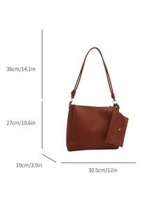 2pcs Women Plain Embroidered Large Capacity One Shoulder Tote Bag With Magnetic Closure - Brown - View 4