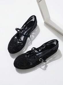 2025 Autumn Women's Round Toe Mesh Ballet Flats, Embroidered Floral & Pearl Decor Design, Elegant Minimalist Breathable Retro Mary Jane Slip-On Style, Fashionable And Comfortable For Everyday Wear