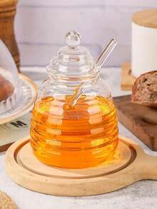 1pc 280ml Transparent Glass Honey Jar With Lid & Mixing Stick, Creative Glass Storage Pot