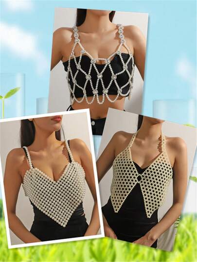 1pc Elegant Minimalist Classic Beaded, Versatile Fashion Jewelry For Women, Handmade Hollow Pendant Body Chain, Suitable For Ladies' Ball, Wedding, Party Gifts, All Seasons