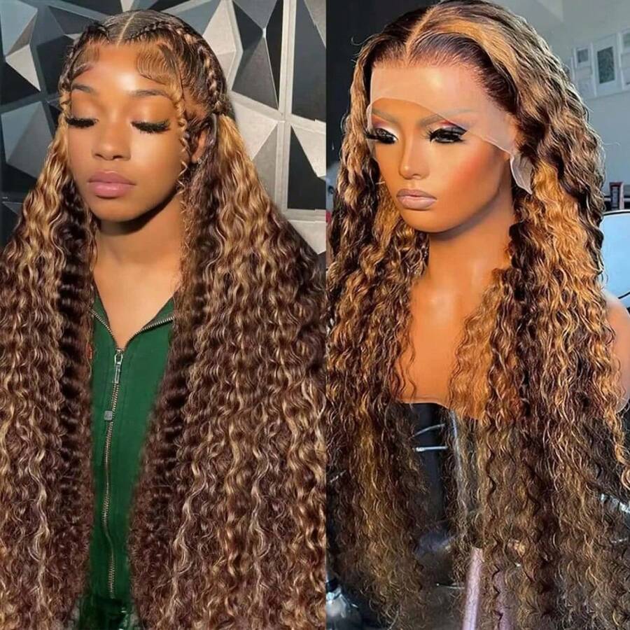 250% Highlight Deep Wave Human Hair Deep Wave Lace Wig Glueless Human Hair Wig 13x6x1 T Part Lace Front Wigs With Baby Hair Deep Curly Wave Wig Chocolate Brown Deep Wave Human Hair Wig For Women Quick Ship Items
