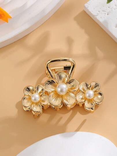 1pc Flower Shape Alloy Faux Pearl Elegant Hair Clip, Suitable For Everyday Use, School, Beach, Office, Party, Festival, Birthday, Mother's Day Gift, Back To School Hair Claws Claw Clips Hair Clips Hair Jaw Clip Hair Clamps Hair Clutch Hair Catcher Clip Fall Winter Hair Accessories For Women For Vacation Outfits Woman Summer