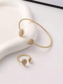 1 set de brazalete de gota abierto y anillo simple para mujer, enchapado en oro de 18K