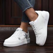 Plus Size Women/Men's Thick Sole Flat Skateboard Shoes, Star Printed Casual Sneakers, Korean Style Fashion Student Leisure Skate Shoes