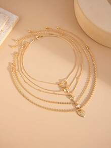 5pcs/Set Vintage Elegant Metal Heart & Bow Pendant Necklace Set, Layerable For Women, Suitable For Daily, Party, Formal Occasions, Fashion Accessory, Gift For Friends And Mothers (Chain Length May Vary)