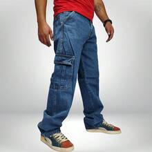 Pantalón Baggy Mezclilla Oversize Hombre Con Bolsas De Cargo - Azul - Ver 2