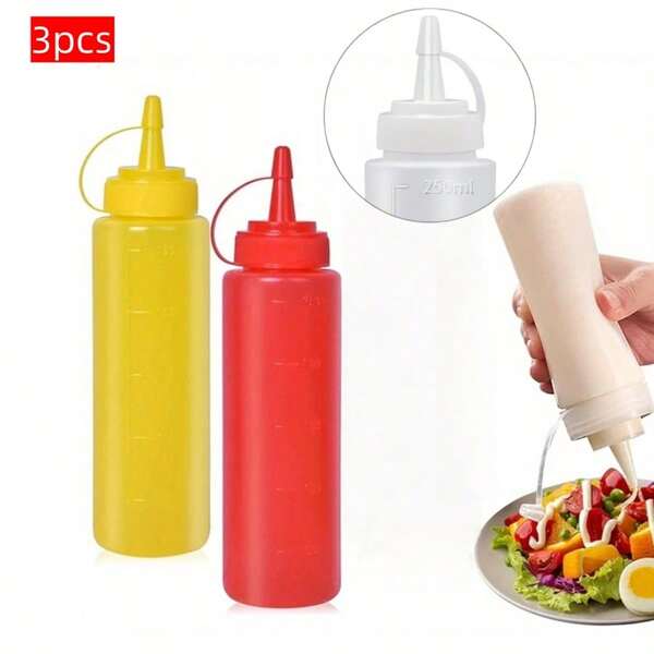 3 pièces Bouteille de pressage d'assaisonnement avec bouchon anti-fuite et bouteille d'assaisonnement graduée - Bouteille en plastique de 8 oz pour le ketchup, la vinaigrette, la sauce barbecue, le camping, le voyage, le stockage de condiments de cuisine