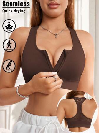 1pc Zipper Sports Bra With Removable Padded Seamless Elastic Activewear