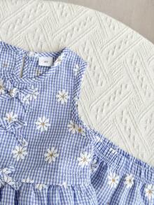 2pcs/Set Girls Summer Daisy Print Blue Plaid Top And Pants Set - Blue - View 6