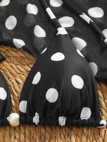 3-Piece Summer Beach Swimsuit, Women's Elegant Polka Dot Print Long Sleeve V-Neck Mesh Coverup Paired With Beaded Sexy Bikini Set, Suitable For Pool Party And Beach Vacation - Black and White - View 3