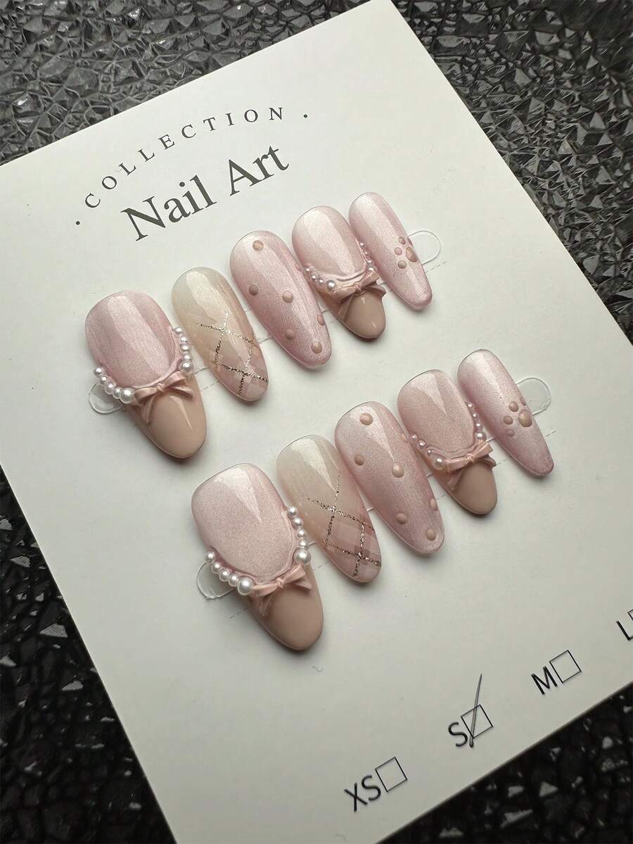 10Pcs/Pack Luxury Pink Cat Eye Faux Pearl Nail Decorations, Handmade Cat Claw Nail Art Press On Nails Nail Supplies Nails Handmade Press On Nails - Pink - View 1