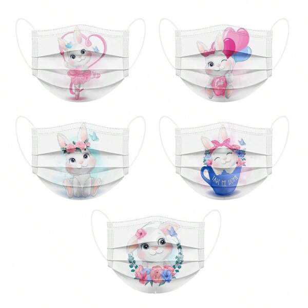 Sanrio 10pcs Cute Rabbit Printed Reusable Face Mask - Breathable, Washable And Reusable, Suitable For Outdoor Activities, Driving And Travel - Perfect Gift For Women, 3-Layer Disposable Protective Mask, Elastic, Windproof, Sun-Proof, Comfortable, Breathable, Casual Wear, Women Style Jacquard Woven Scarf For Outdoor