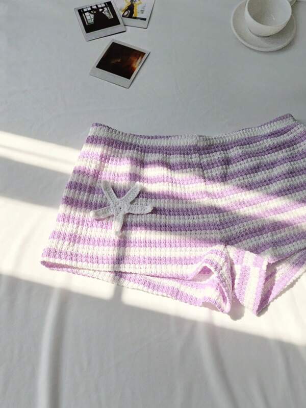 Women Striped Knitted Crochet Decor Shorts, Casual Spring/Summer Beach/Vacation
