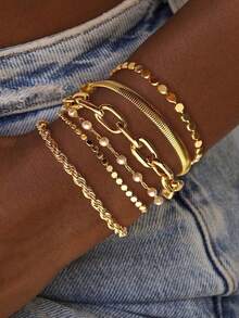 6/11/12pcs Set Faux Pearl, Snake Chain, Twisted Chain, Smooth Round Disc, Rhinestone Bling Bling Curvy Chain, Wide Chunky Metal Bracelet, Fashion Elegant Vintage Design, Suitable For Holiday, Party, Date, Gift, Daily Wear - Yellow Gold - View 10