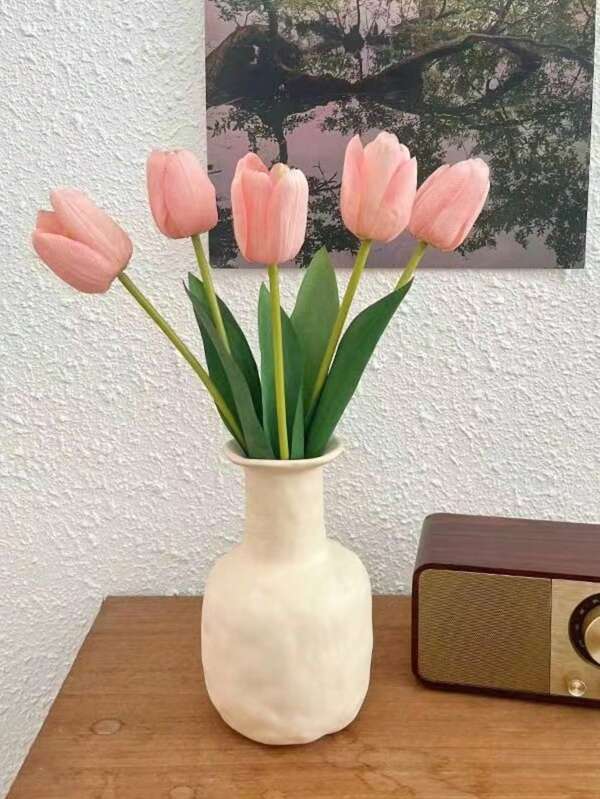 1pc Tulip Artificial Flower And Vase Set, Faux Floral Decor, Centerpiece For Dining Table, Living Room Accent, Suitable For Various Decoration Styles, Elegant And Simple Nordic Style Vase & Flower