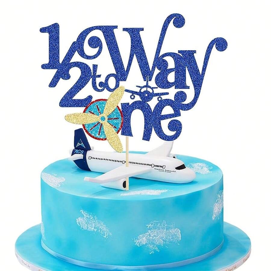 1pc Airplane 1/2 Half Way To One Cake Topper Glitter Half Way To Go Cake Pick Happy Birthday Cake Decoration For Birthday Party Cake Decorations Supplies - Multicolor - View 1